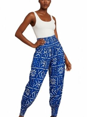 Blue Printed Elastic-Waist Women's Pants